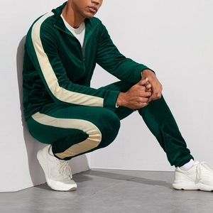 Men's Dark Green Velvet Durable Tracksuit <b>Hooded</b> Full <b>Zip</b> Solid Color Casual Sportswear Side Pockets Midweight Winter Wear - Product Image 3