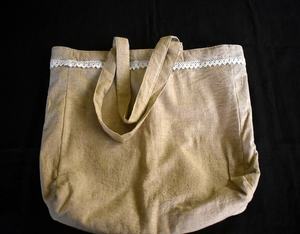 Bolso de mano mezclado de algodón de lino con patrón de letras de color natural Bolsas de compras de encaje - Product Image 3