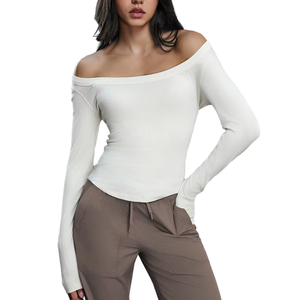 Women <b>Off</b> <b>Shoulder</b> <b>Long</b> <b>Sleeve</b> Ribbed <b>Top</b> Slim Fit Casual Fashion T-Shirt Custom Logo Wholesale - Product Image 2
