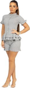 Custom <b>Women</b> Ruffle Short Set Button Front Peplum Top High Waist Shorts Casual Fashion Two <b>Piece</b> <b>Outfit</b> OEM Supplier - Product Image 4