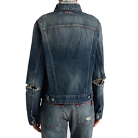 Jaket Denim Wanita Custom Warna Pudar 100% Katun Biru Model Lurus Kancing Depan Jahitan Kontras Produsen Label Pribadi OEM