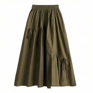 Jupe midi évasée pour femme, taille élastique, cordon de serrage, poches, couleur unie, style décontracté, vert olive, mélange polyester-coton - Product Image 1