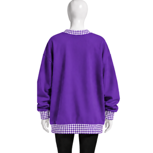 Mens <b>Purple</b> Oversized Crewneck Sweatshirt Gingham Check Trim Long Sleeve Casual Pullover Fashion Streetwear Athletic Sports <b>Top</b> - Product Image 2