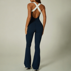 Pantalon de yoga évasé sans couture pour femme, coupe large, longueur intégrale, anti-transpiration, blocs de couleur, dos croisé, col en V, bordure contrastante - Product Image 6