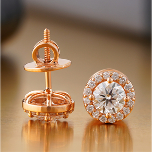 1.12 CT Round Halo Lab Grown Diamond Stud <b>Earrings</b> with 14K Rose Gold VVS1 Clarity Screw Shape Available White Yellow 18K Gold - Product Image 2