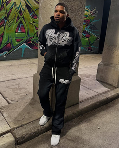 HypeBeast Worldwide Men's Tracksuit Full <b>Zip</b> <b>Hooded</b> Sweatshirt Set Black Letter Print Streetwear Autumn Casual Wear - Product Image 1