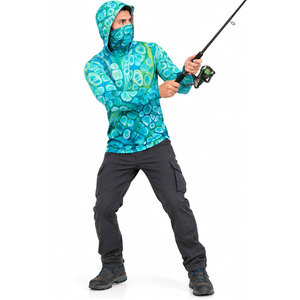 Unisex Hooded Long Sleeve Quick Dry Performance Shirt Blue Green Abstract Pattern Sublimation Print Summer Leisure <b>Top</b> - Product Image 5