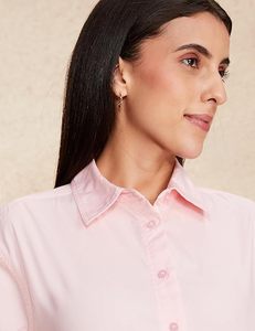 Camisa Rosa de Botones para Mujer, Manga Larga, Corte Regular, Popelina de Algodón, Blusa Informal de Oficina, Color Sólido, Uso Diario - Product Image 3