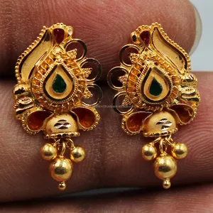 22 carat excise stamp veritable gold 2.2 cm x 1.2 cm threaded post earring for grand niece gift stud yellow gold earring