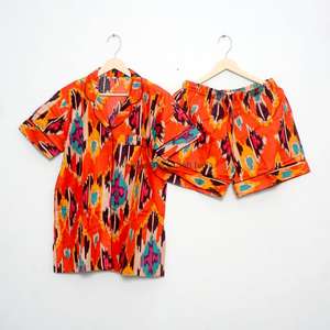 Conjunto de Pijama Corto 100% Algodón Puro, Elegante y Clásico, Estampado a Mano, con Bolsillos, Suave y Transpirable, Ideal para Vacaciones de Verano - Product Image 3