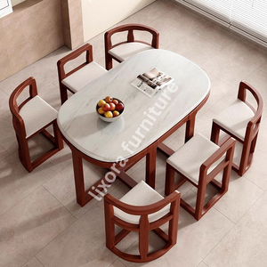 Modern Luxury 6 Seater <b>Dining</b> <b>Table</b> Set Oval White Marble <b>Top</b> with Solid Wood Space Saving Chairs - Product Image 5