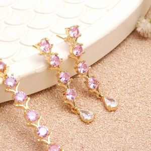 Pink Sapphire CZ Style Necklace Set 8mm Round Gold Plated Brass Adjustable Chain Wedding Jewelry - Product Image 2