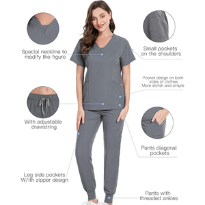Spandex Polyester Twill Hospital <b>Scrub</b> <b>Set</b> V-Neck Top Jogger Pants Zipper Pocket Nursing Uniform Men Women Wholesale Healthcare - Product Image 5