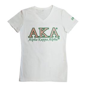 T-shirt brodé de luxe AKA pour femme, blanc et vert, col rond, manches courtes, coton premium, tee-shirt décontracté - Product Image 1
