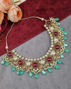 Round Uncut Stone Kundan Necklace With Matching Earring And Mangtika Designer Fashion Antique Gold Plated <b>Jewellery</b> Manufacturer - Product Image 2