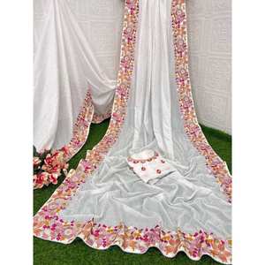 TRENDING VICHITRA SOIE MULTI BRODERIE DENTELLE DE TRAVAIL SAREE AVEC CHEMISIER NON COUDU BLANC - Product Image 1