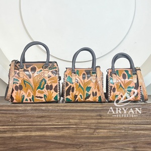 Luxury Western Hand Tooled <b>Leather</b> Floral Grass Print 9 Inch Duffel <b>Bags</b> High Quality Durable Women Fashion Crossbody Handbags - Product Image 1