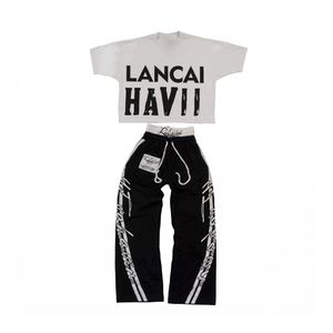 Ensemble décontracté pour homme en deux pièces, t-shirt à manches courtes avec imprimé, pantalon large, tenue de sport streetwear, mélange de coton, ensembles avec logo personnalisé - Product Image 1