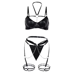 New Black Sexy Hollow Out Lingerie Halter Leather <b>Bra</b> and Panties Set Backless Leather Latex Lingerie Women's Underwear - Product Image 6