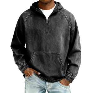 Men's Vintage Acid Wash <b>Black</b> Half Zip Hoodie Raglan Sleeve Loose Pullover <b>Sweatshirt</b> - Product Image 1