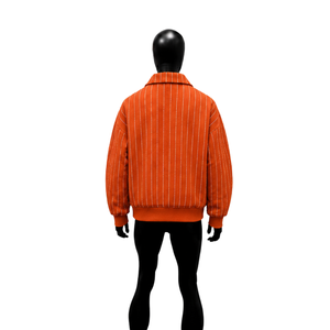 Blouson universitaire en laine à rayures fines orange personnalisé pour homme, style bomber, avec poignets côtelés, boutonné, streetwear d'hiver, vente en gros Button Co - Product Image 2