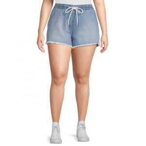 Shorts de Mezclilla para Mujer, Cintura Media, 100% Algodón, Color Sólido, Dobladillo Desgarrado, Cintura Elástica, Corte Regular - Product Image 2