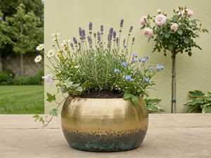 Pot de fleurs rond en laiton martelé, patine décorative, pour intérieur, extérieur et jardin - Product Image 5