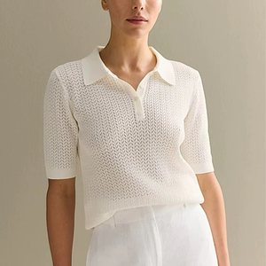 Pull tricoté décontracté pour femme, coupe ajustée, à manches courtes, col roulé, couleur unie, respirant, ajouré, à bouton unique, idéal pour l'été - Product Image 5