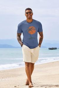 Camiseta de Manga Larga Azul para Hombre, Estampado de Palmeras al Atardecer, Cuello Redondo, Estilo Casual, 100% Algodón Jersey, Estampado Digital - Product Image 4