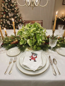 Custom Wholesale White Linen Hemstitch Dinner Napkin Embroidered Santa Claus and <b>Christmas</b> <b>Tree</b> <b>Table</b> Napkins Home Hotel Events - Product Image 5