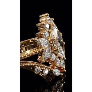 Anillo de compromiso con diamantes en tallas marquesa y redondas, de oro amarillo de 14K, diseño floral, para boda o aniversario, regalo. - Product Image 2