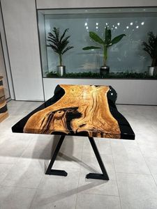 Table de salle à manger moderne en noyer noir et résine époxy, bord naturel, durable, pour hôtel et atelier, fabriquée à la main - Product Image 5
