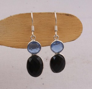 Natural Black Onyx & Blue Quartz <b>Earrings</b> 925 <b>Sterling</b> <b>Silver</b> Jewelry Manufacturer Wholesale Handmade Gemstone Drop <b>Dangle</b> - Product Image 2