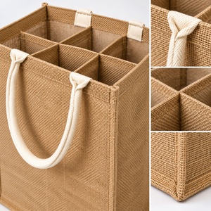 Sac de transport pour six bouteilles de vin en jute avec séparateur amovible, fermeture éclair, sac de courses réutilisable pour logo personnalisé, vente en gros - Product Image 3