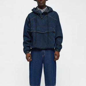 <b>Mens</b> Dark Blue <b>Denim</b> Hooded <b>Jacket</b> Oversized Pullover Sweatshirt Long Sleeve Casual Streetwear Anorak <b>with</b> Drawstring <b>Hood</b> - Product Image 4