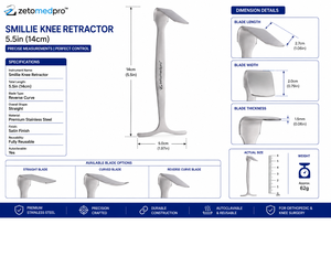 Retractor de Rodilla SMILLIE de 5.5 pulgadas (14 cm) con Hoja Recta, Curva y Inversa, Juego de Instrumentos Manuales Zetomed Pro - Product Image 2