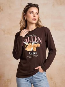 เสื้อยืดแขนยาว Fallen Angel สำหรับผู้หญิง สีน้ำตาล ผ้าฝ้าย ลำลอง พิมพ์ลายกราฟิก คอกลม ทรงหลวม แขนยาวเต็มตัว พิมพ์ลายเจอร์ซีย์ - Product Image 3