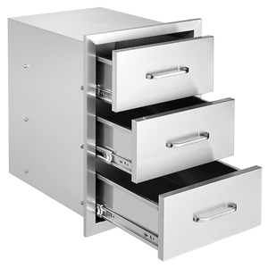 Isola Cucina da Esterno in Acciaio Inox con Tre Cassetti BBQ, 16" L x 21.5" A x 18" P, Installazione a Filo Muro con Maniglia in Acciaio Inox - Product Image 1