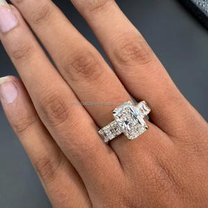 Radiant Cut Diamond Engagement Ring in White Gold with Emerald Cut Side Stones Luxury Three <b>Stone</b> Bridal Ring for Elegent Women - Product Image 1