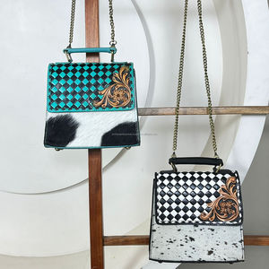 Bolso de Mano Cruzado Cuadrado de Cuero Repujado Más Vendido del Oeste para Mujer, Bolso de Mensajero con Diseño a Cuadros - Product Image 4