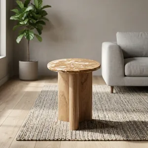 Modern <b>Round</b> Granite Top Wood Side <b>Table</b> Minimalist Design Handmade Living Room Furniture - Product Image 2