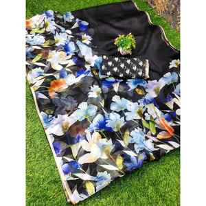 ESTAMPADO DIGITAL DE SEDA SUAVE A LA MODA CON BORDE DE TEJIDO DORADO SAIE CON BLUSA SIN COSTAR NEGRO - Product Image 1