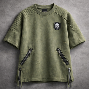 Camiseta de hombre estilo motero deportiva con cremallera, de lona 100% algodón teñida con hilo, de alto gramaje, ecológica, transpirable frontalmente y con hombros caídos. - Product Image 5