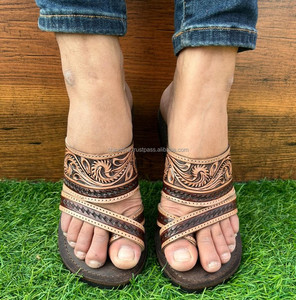 Real Handmade Genuine Women Western Stylish Tooled <b>Leather</b> Casual Outdoor Flipflop Flat Flower Footwear Open Brown Toe Sandals - Product Image 3