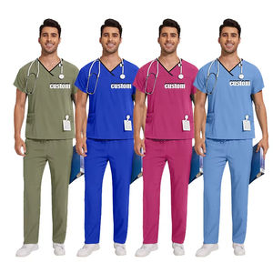 Conjunto de Uniforme Médico Unisex con Cuello en V, Pantalones Rectos y Top de Tela Tejida Ecológica - Product Image 1