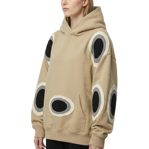 <b>Women's</b> Oversized Hooded <b>Sweatshirt</b> Beige Geometric Applique Pattern Cotton Bamboo Knitted Full Sleeve Autumn Casual Wear - Product Image 2