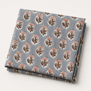 Tela de algodón estampada a mano con motivos florales en verde menta y rayas botánicas en naranja y rosa, textil suave y transpirable para kurti. - Product Image 1
