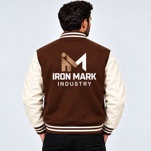IRON MARK INDUSTRIES Men's Eco-Friendly <b>Brown</b> Color Block Varsity Jacket Crew Neck <b>Wool</b>/Viscose Shell Embroidered Letter M - Product Image 4