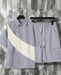 Men's Color Blocking Polo Shirt With Cargo Shorts Set Breathable Summer Casual Outfit Gray And Cream - Product Image 2