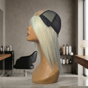 Perruque Lace Front Blonde Platine Lisse Longueur Moyenne Cheveux Vierges Bonnet en Dentelle Suisse Sans Colle Taille Moyenne - Product Image 6